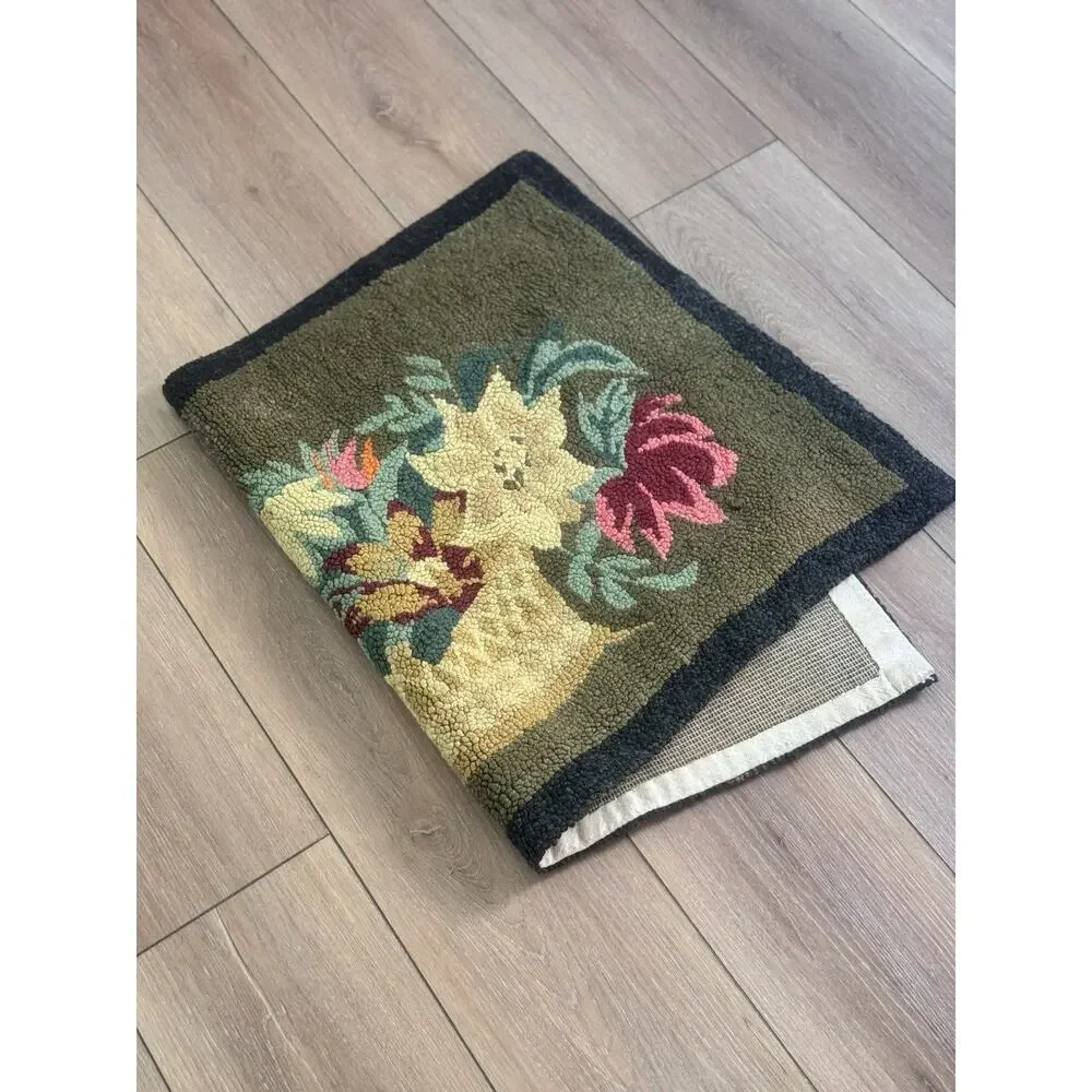 Vintage Hand Hooked Rug Floral Basket Primitive Cottagecore 21x34 Wool Accent